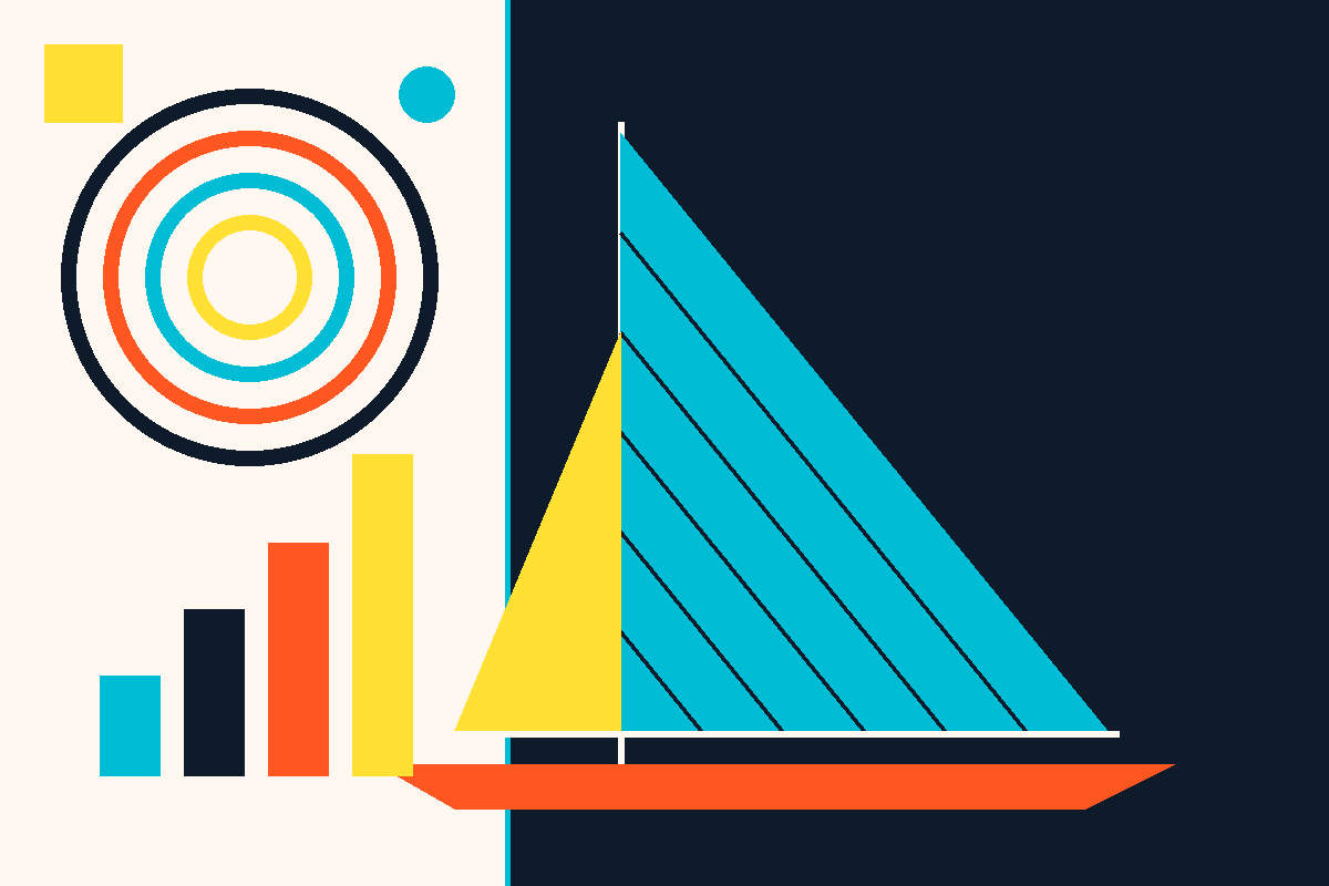 Swiss-style graphic of a sail, growth bars and concentric circles