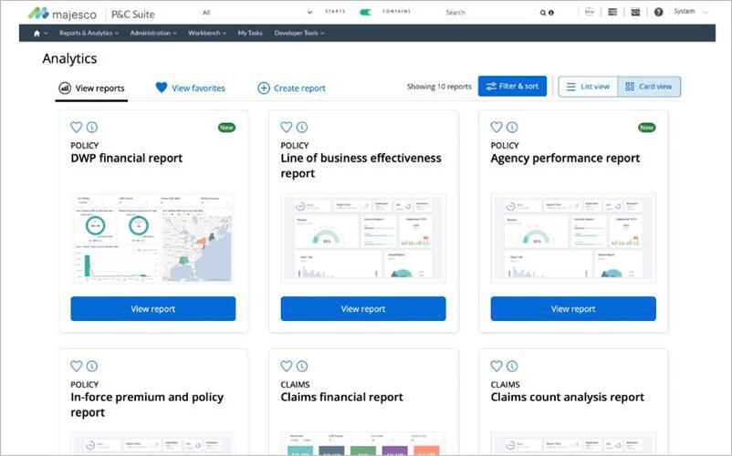 Majesco analytics dashboard showing policy and claims report cards