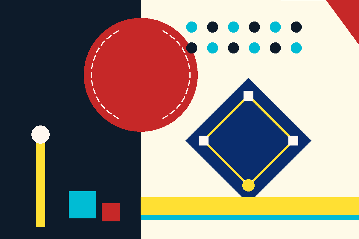 Swiss-style graphic of a baseball, a diamond and analytics dots