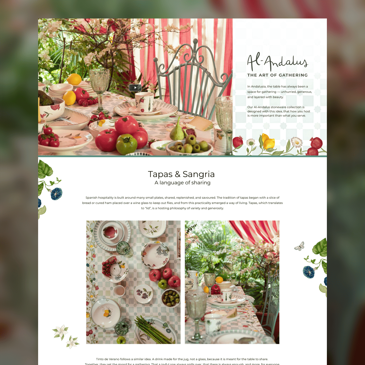 Good Earth collection page featuring patterned tableware, botanical illustrations and an outdoor dining scene