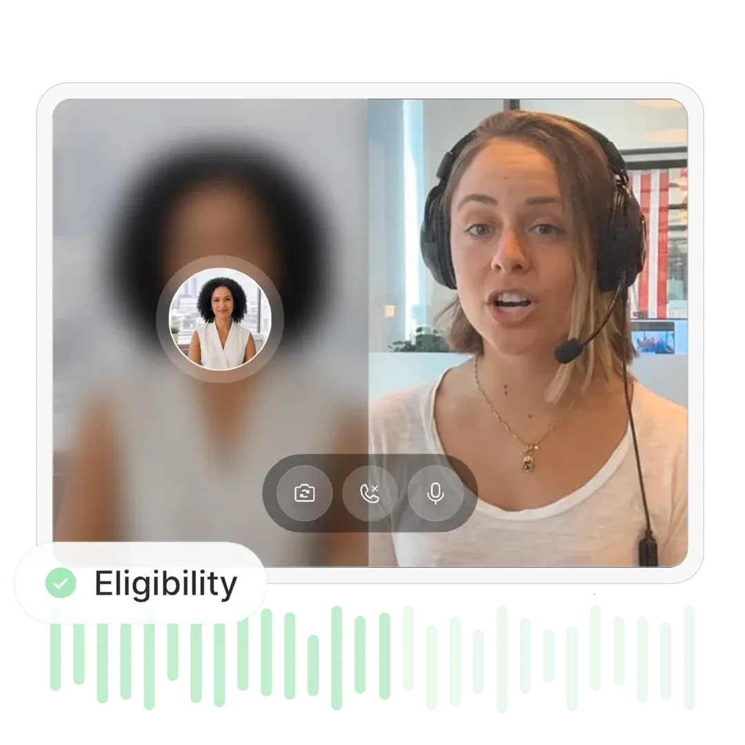 Maki Mochi product illustration showing a voice conversation and an eligibility check