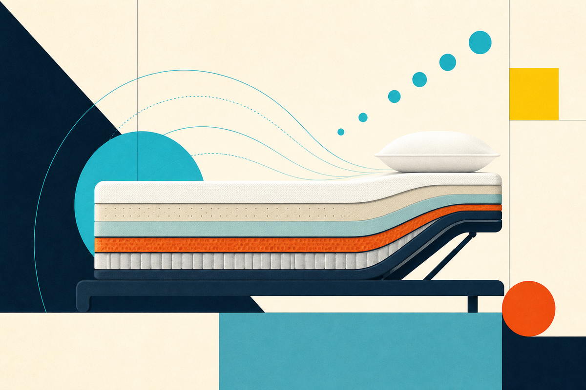 Abstract Swiss-style illustration of a layered mattress bending on an adjustable base with cool airflow shapes