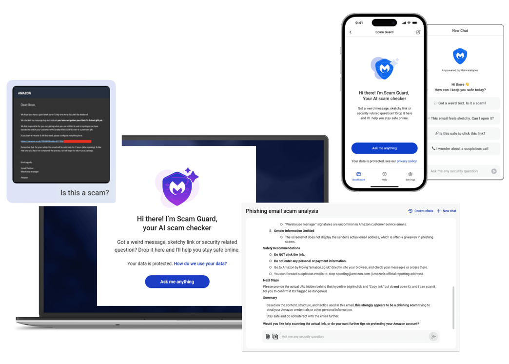 Malwarebytes Scam Guard shown on desktop and mobile interfaces