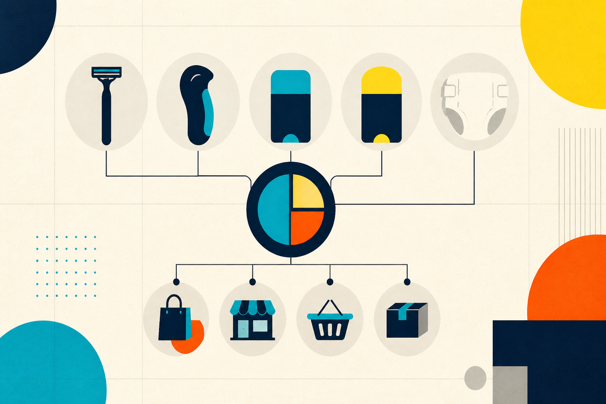 Abstract Swiss-style illustration of five consumer product categories connected to one operating platform and several sales channels