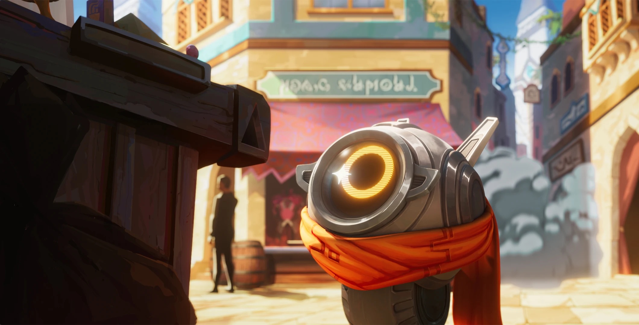 Dooley the robot beside a market stall in The Bazaar trailer