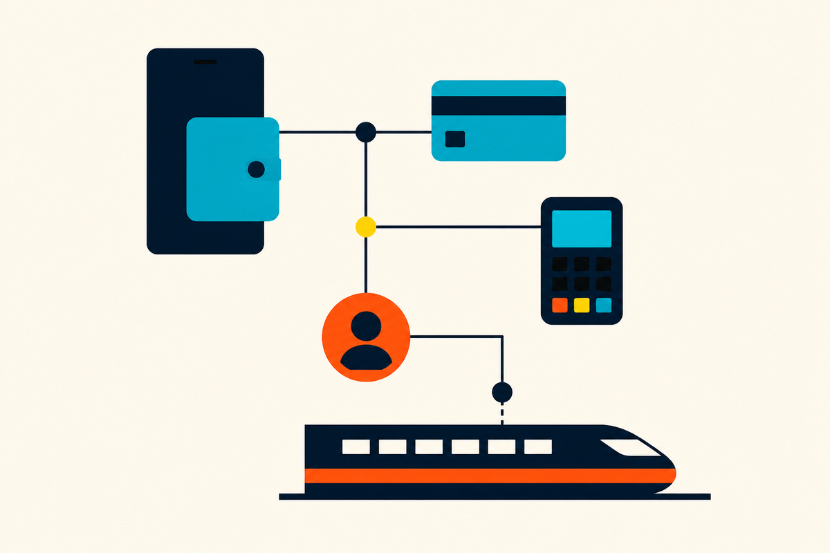 Abstract geometric illustration connecting a wallet, payment card, merchant terminal, identity check and passenger train