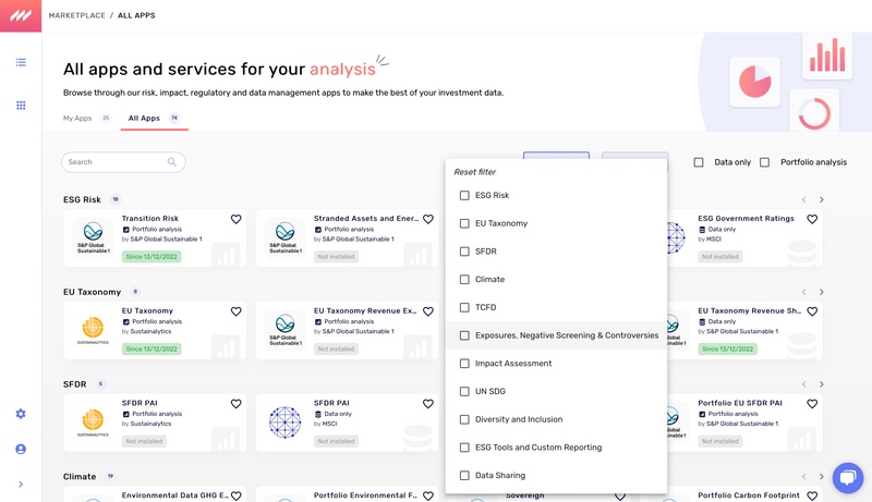 Historical MANAOS marketplace interface showing ESG applications and filters for reporting and sustainability topics