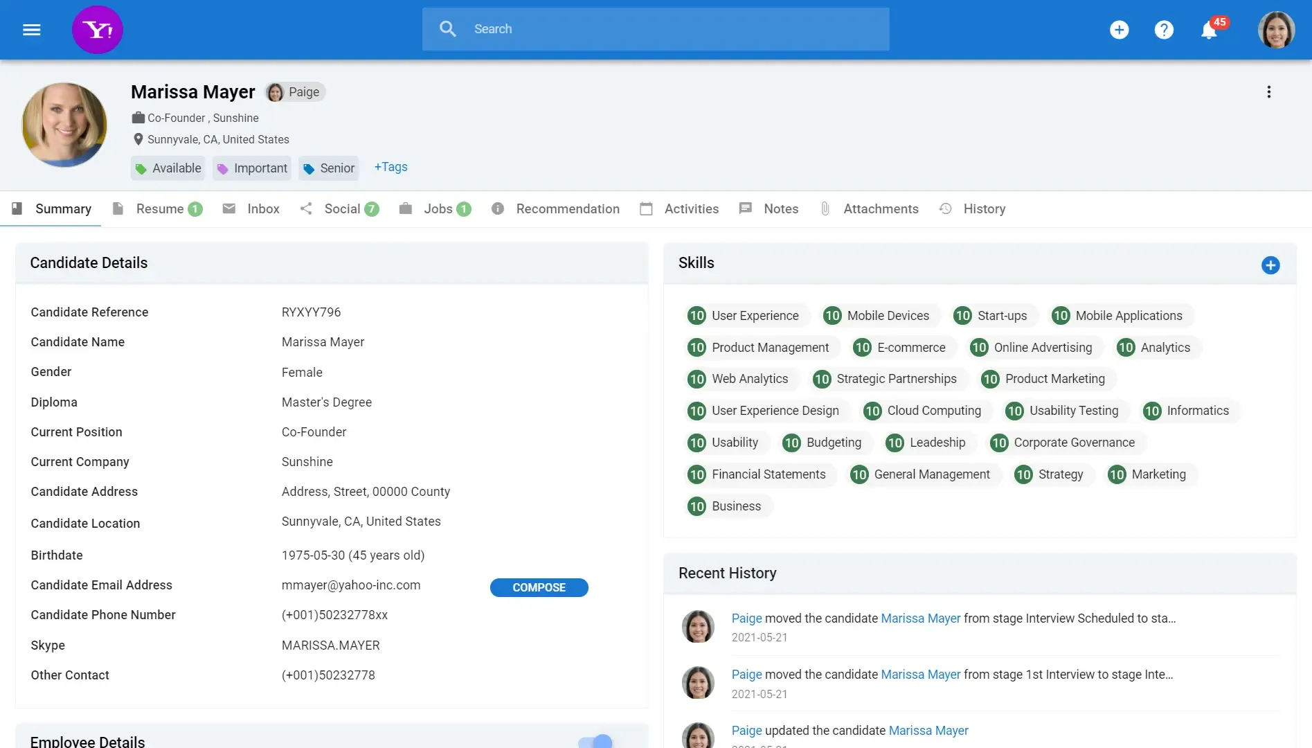 Manatal candidate profile showing structured details, skills, notes, and activity history