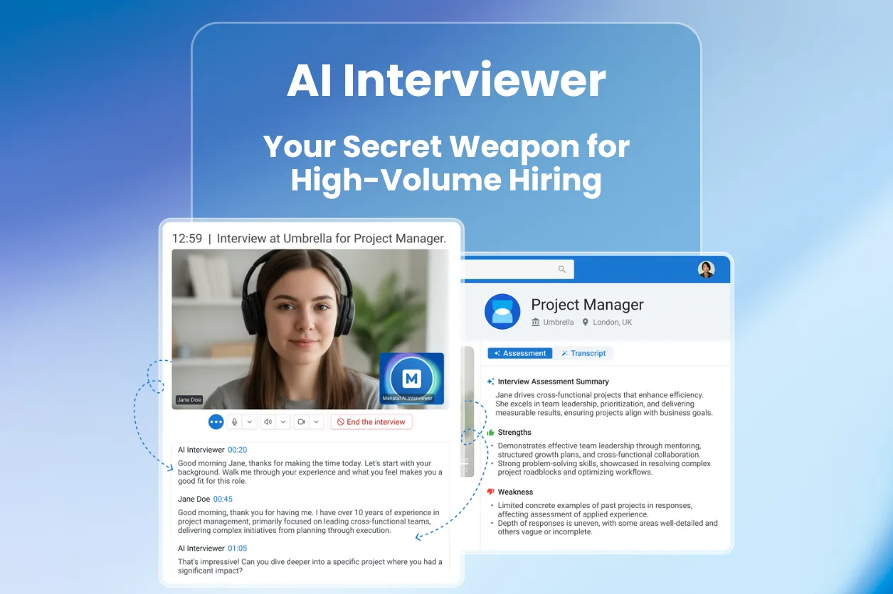 Manatal AI Interviewer showing an asynchronous video conversation, transcript, and assessment summary