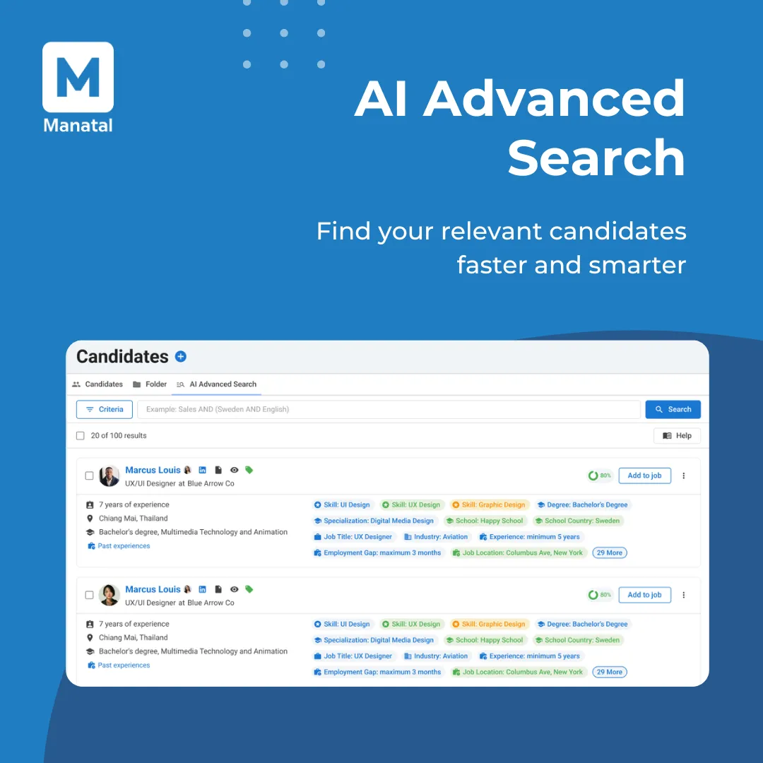 Manatal AI Advanced Search interface with required and preferred candidate criteria