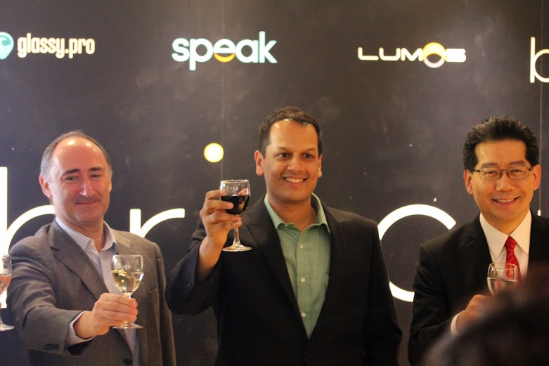 Manav Gupta, centre, raising a glass at Brinc’s Hong Kong launch, with Gregory So on the right