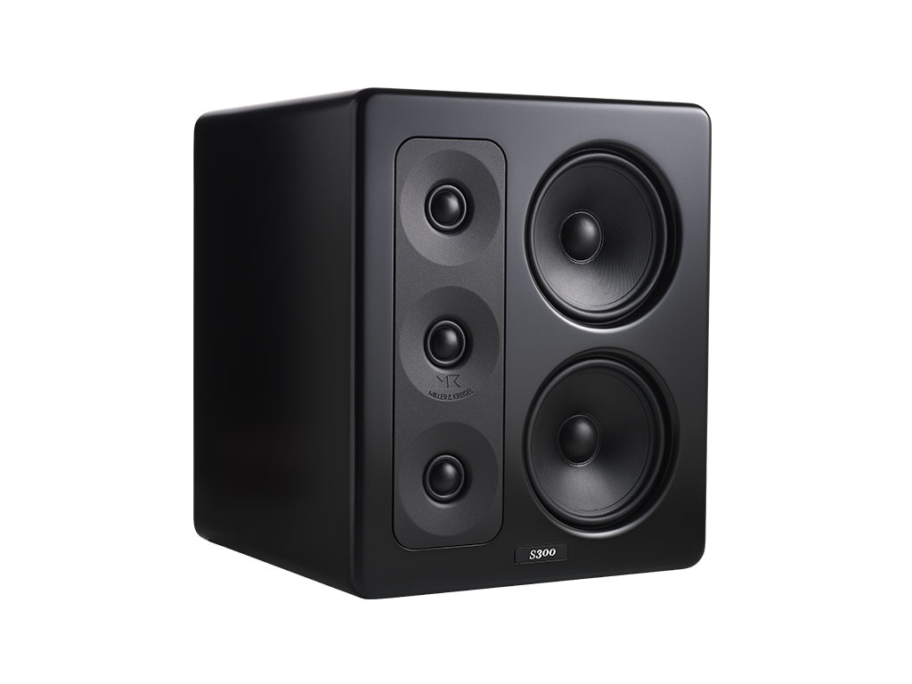 Black M&K Sound S300 reference loudspeaker with exposed drivers