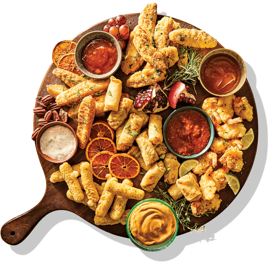 An M&M Food Market appetizer board with breaded bites, spring rolls and several dipping sauces