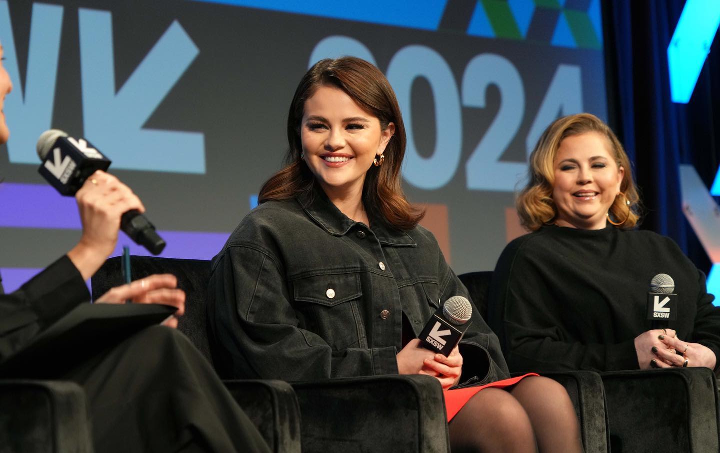 Selena Gomez and Mandy Teefey seated onstage during a Wondermind panel at SXSW 2024