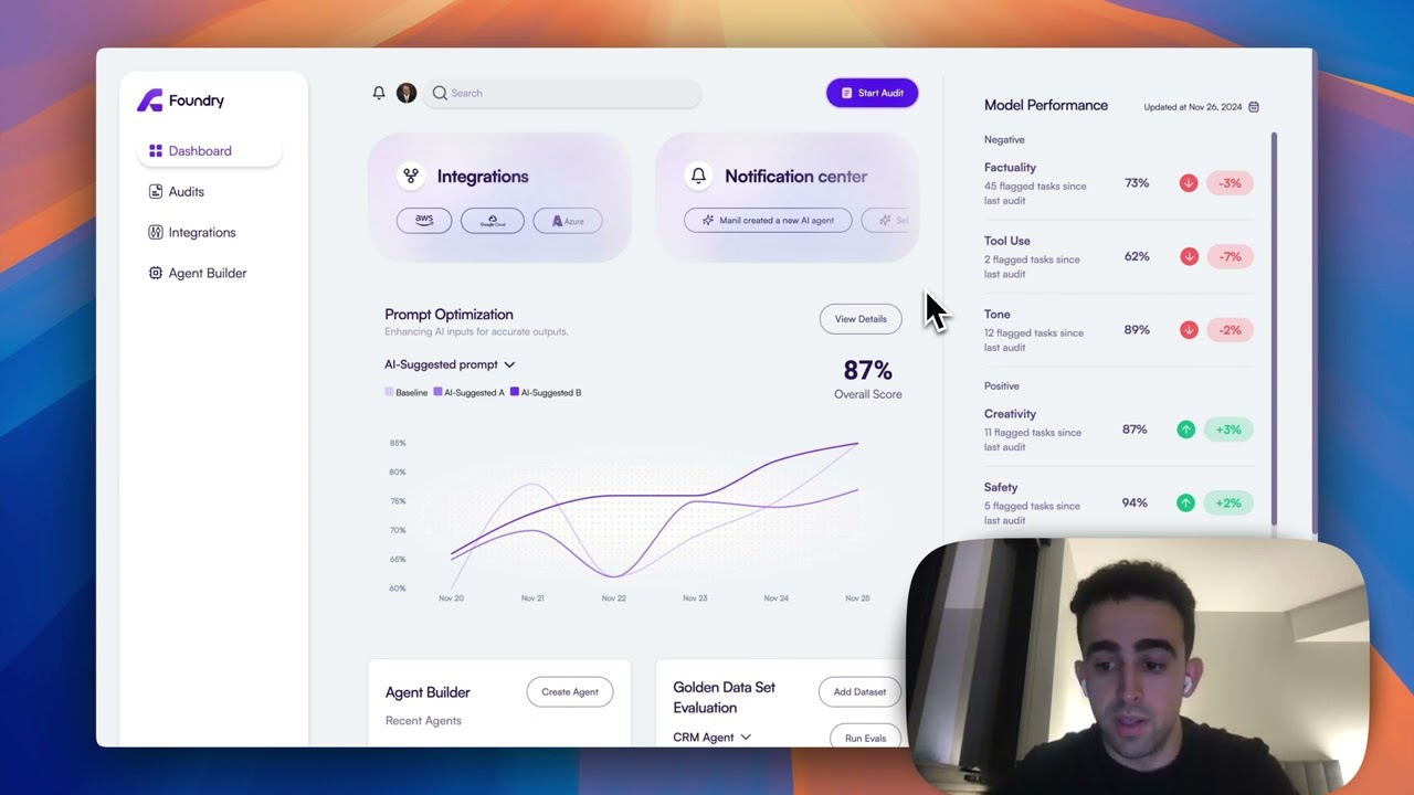 Manil Lakabi appears in a Foundry product walkthrough beside its agent evaluation dashboard