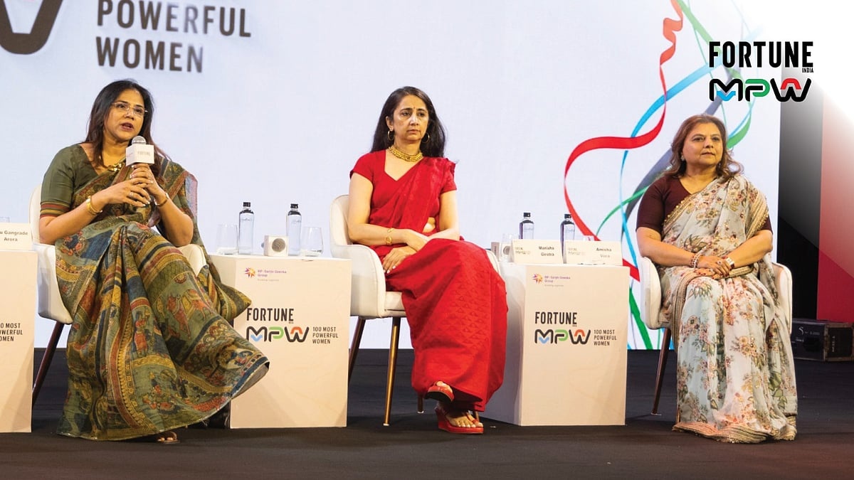 Manisha Girotra, seated in the centre, with Ritu Gangrade Arora and Amisha Vora at Fortune India’s 2026 financial inclusion discussion