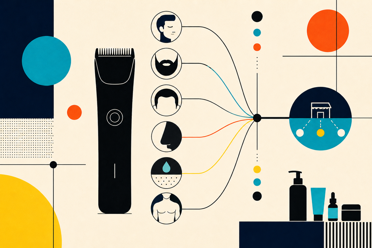Abstract Swiss-style illustration of a trimmer connecting face, beard, scalp, skin and retail care routines