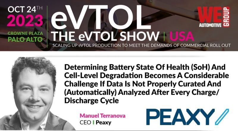 Peaxy event graphic announcing Manuel Terranova’s presentation at the October 2023 eVTOL Show in Palo Alto