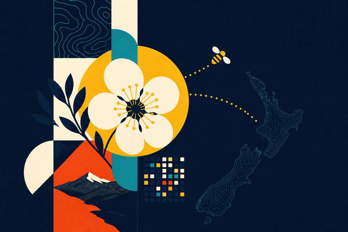 Abstract Swiss-style composition of a mānuka flower, a bee, New Zealand terrain and a traceability grid