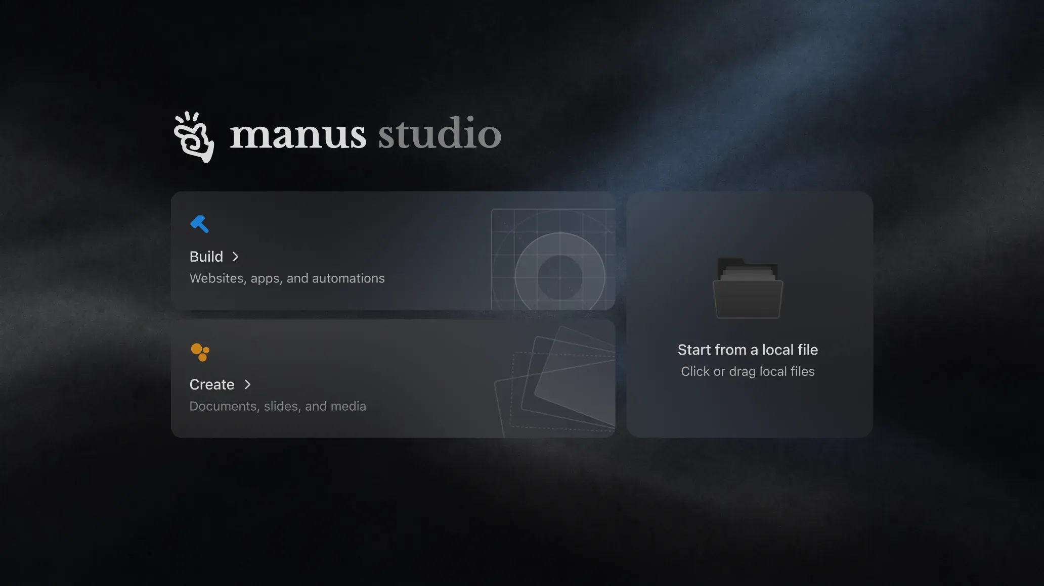 Manus Studio product graphic showing Build, Create and Start from a local file options