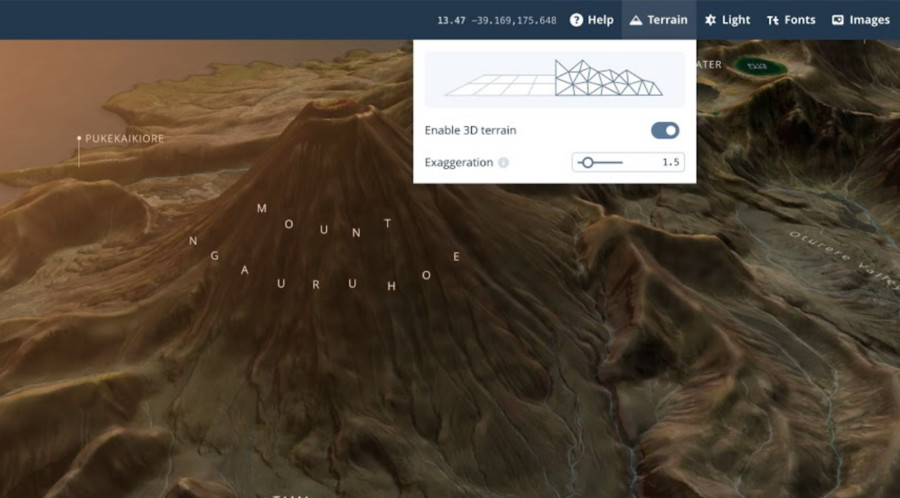 Mapbox Studio showing Mount Ngauruhoe in 3D with a terrain exaggeration slider