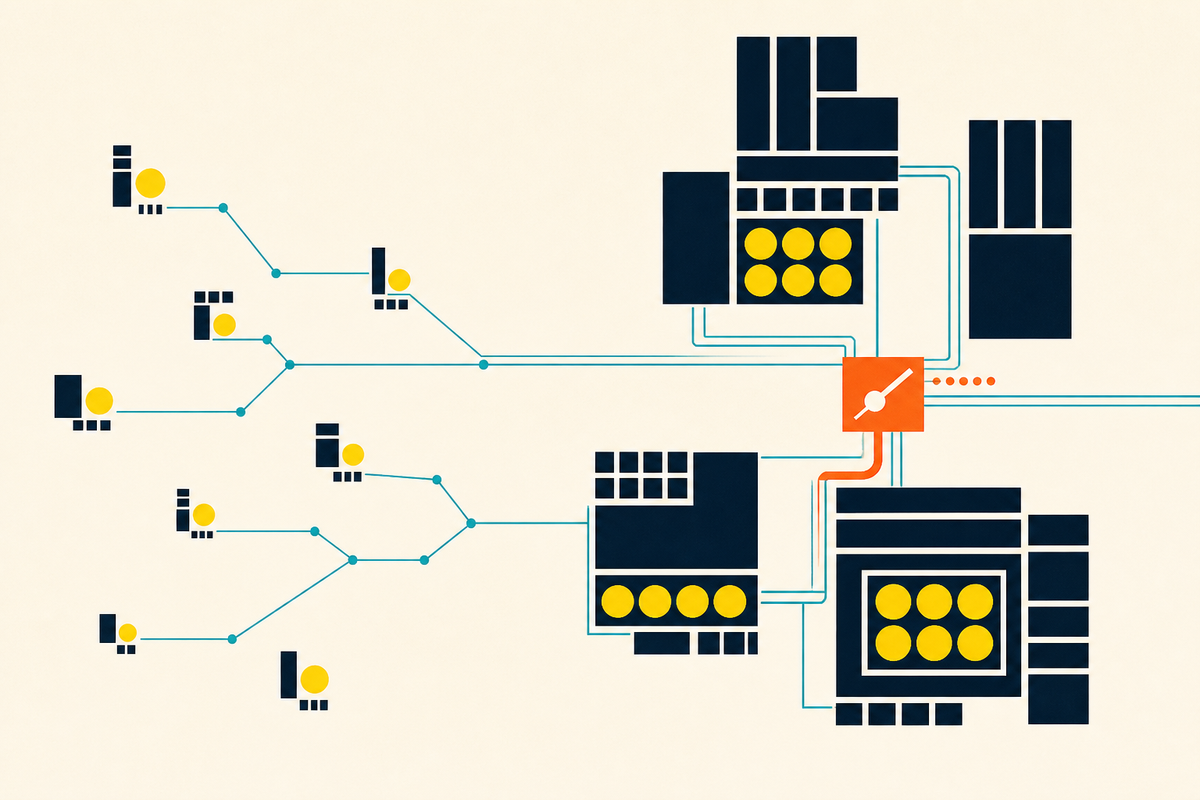 Abstract Swiss-style network of small energy assets connecting to larger coordinated sites