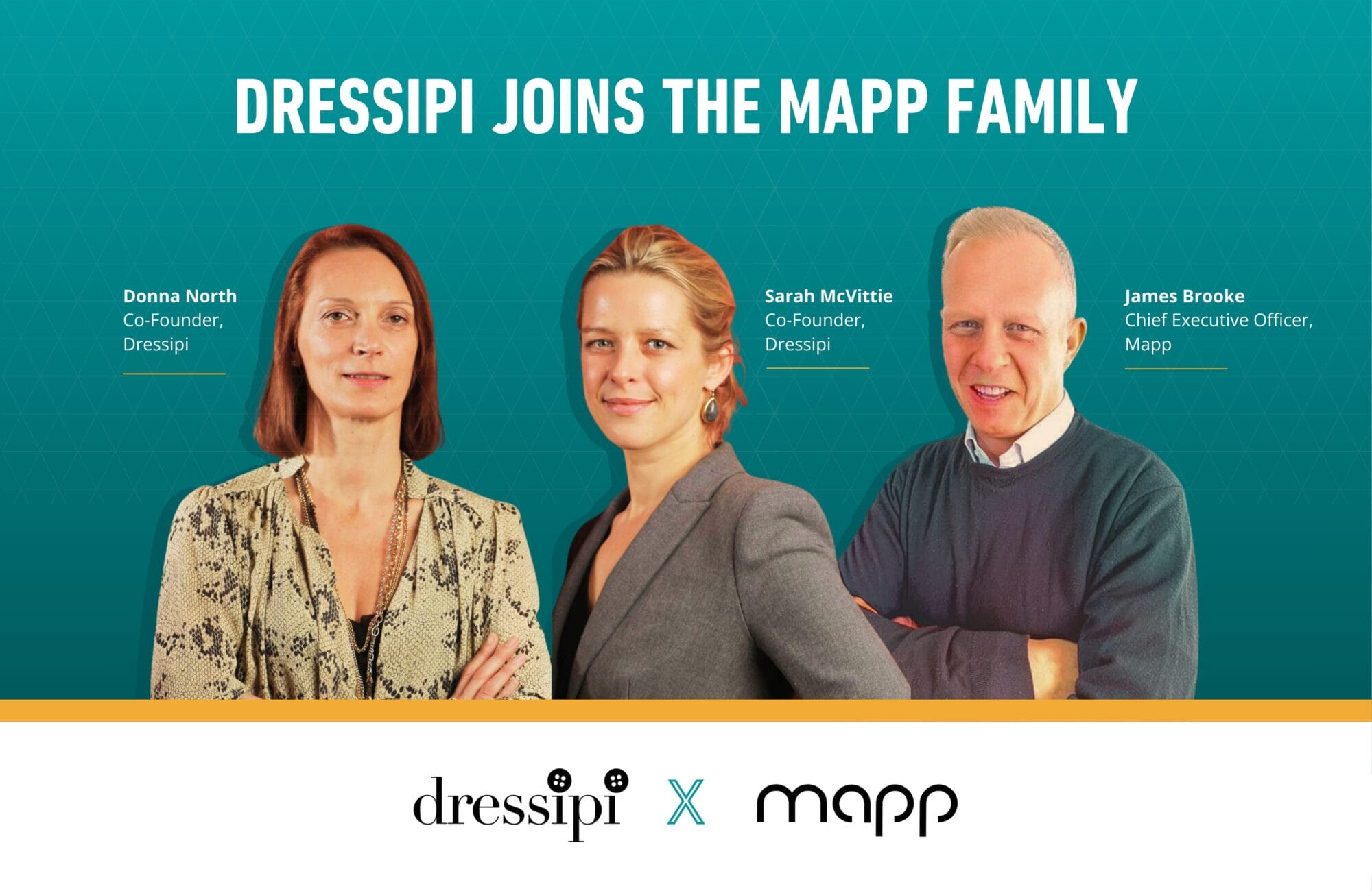 Dressipi co-founders Donna North and Sarah McVittie with Mapp CEO James Brooke announcing the acquisition