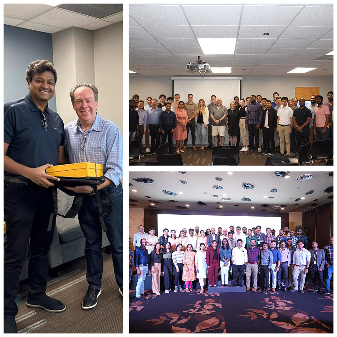 Maran Nagarajan with William Dunn, alongside photographs of the Chicago and Bengaluru teams