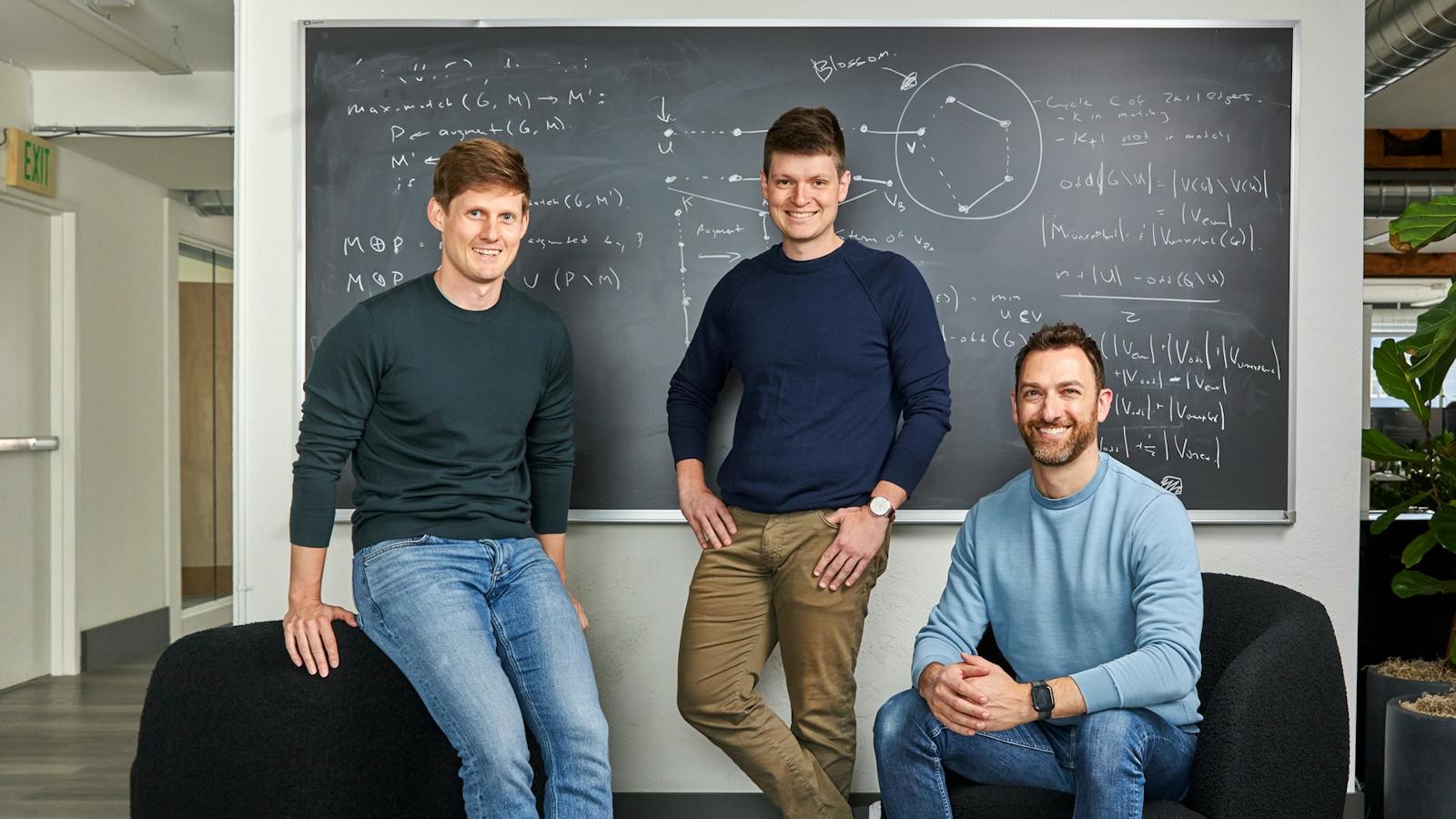 Chalk co-founders Elliot Marx, Andrew Moreland and Marc Freed-Finnegan in front of a chalkboard