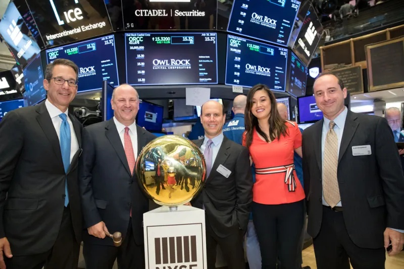 Owl Rock’s team at the New York Stock Exchange in 2019, with Marc Lipschultz at center