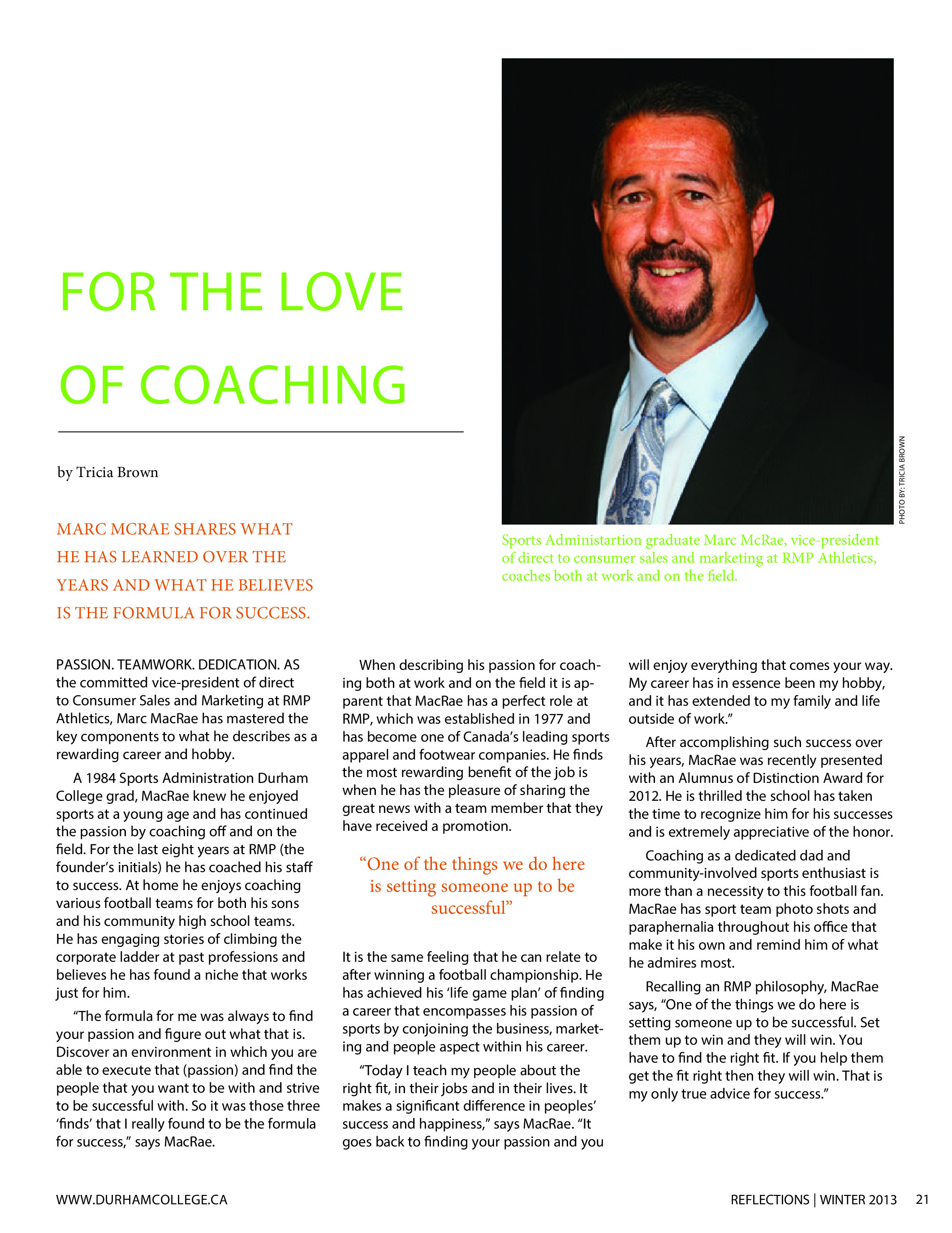 A full magazine page from 2013 featuring Marc MacRae's portrait and an article titled For the Love of Coaching