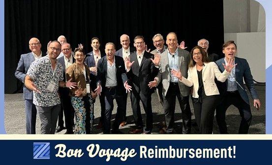 Conference participants pose together in a group photograph shared by Marc Zimmet after the 2024 Bon Voyage Reimbursement event.