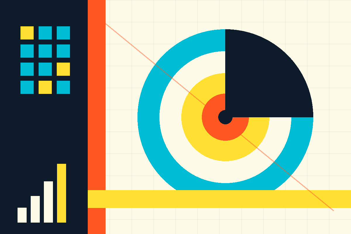 Swiss-style abstract graphic of concentric target rings and a modular grid representing concentrated venture bets