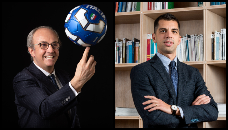 Luca Barabino balancing an Italian football beside Marco Lastrico in an office