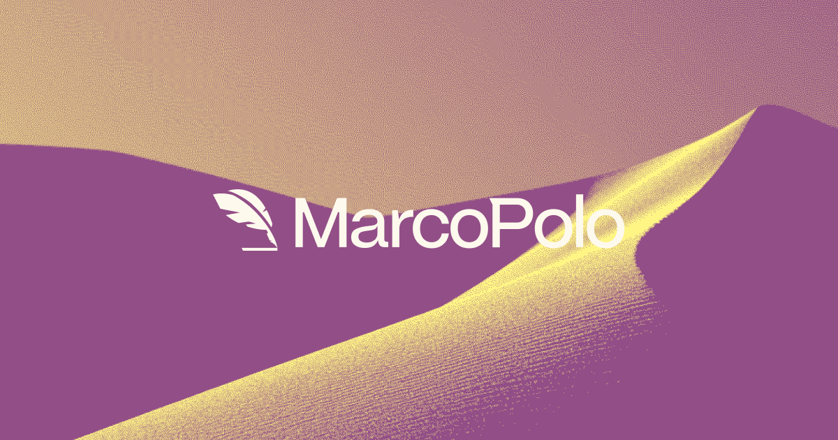 MarcoPolo logo - a quill feather wordmark on a dune-lit background