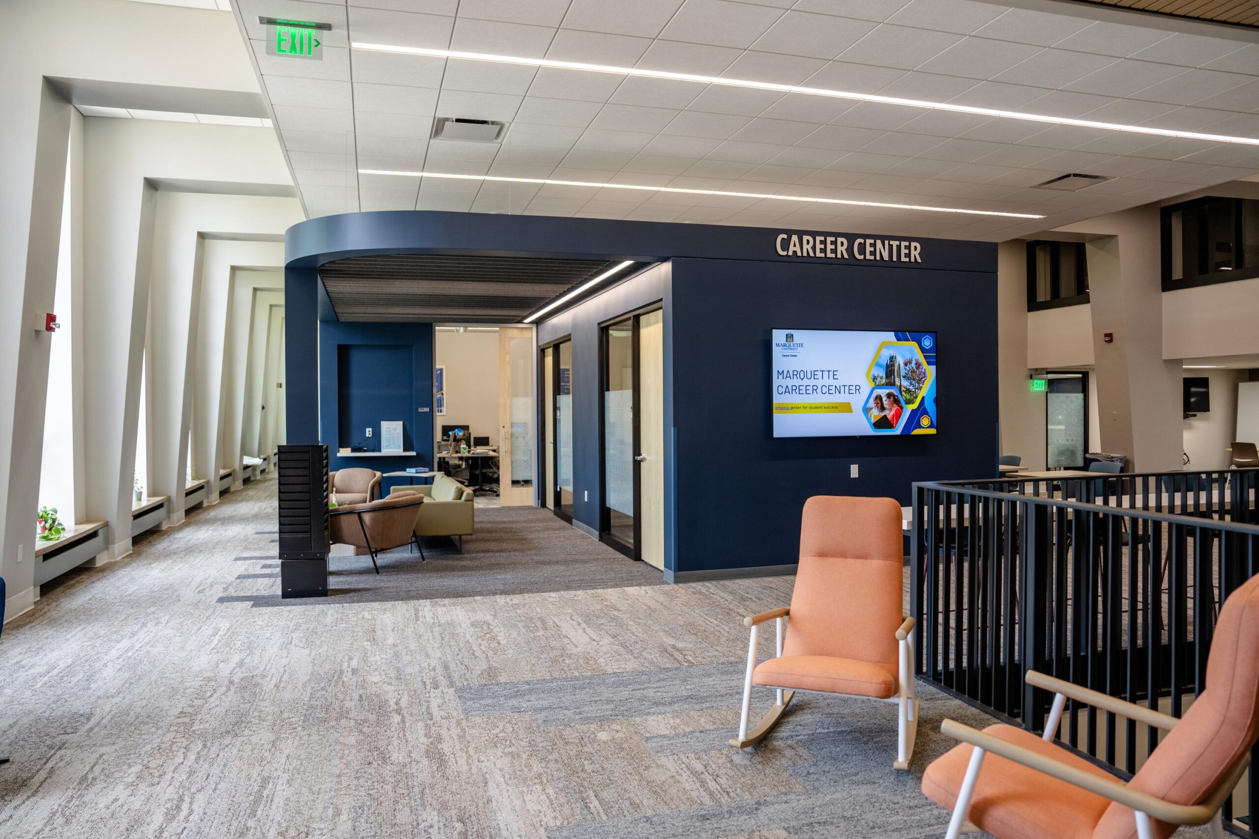 Career Center entrance and seating inside Marquette’s Lemonis Center