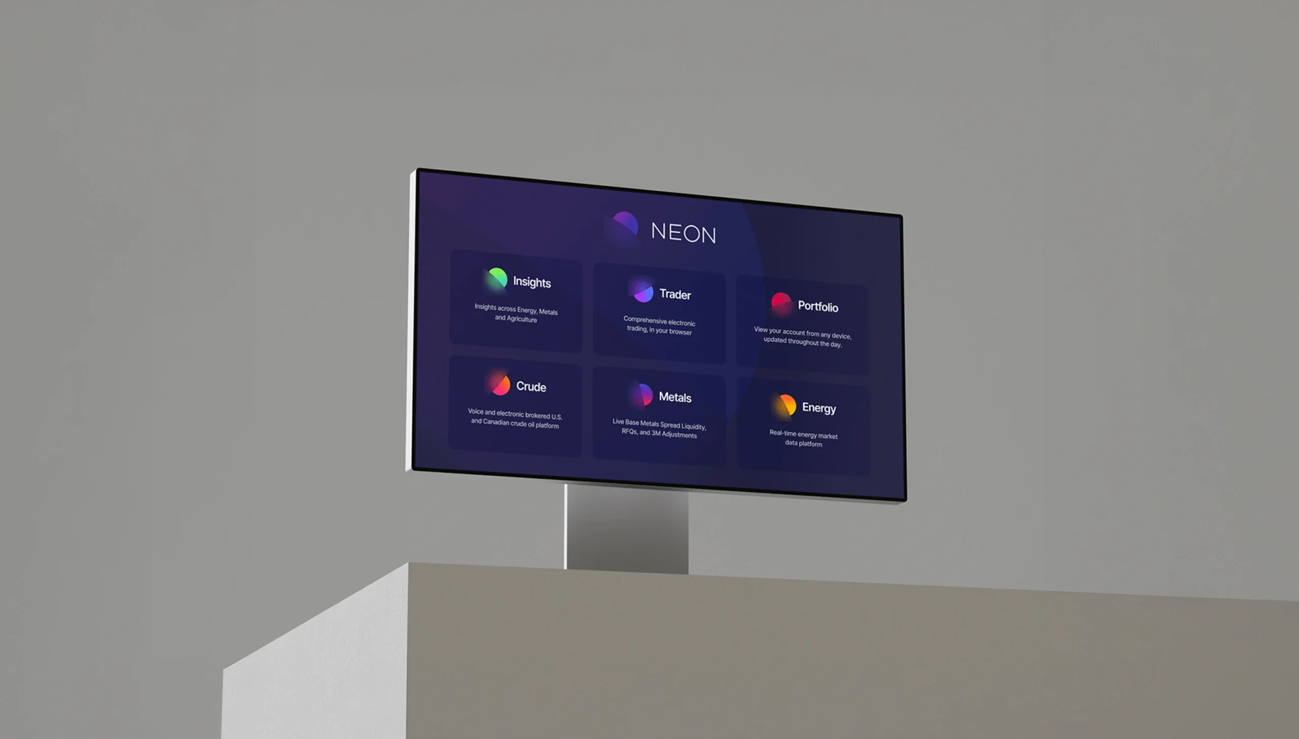 Marex marketing visual showing Neon applications on a desktop monitor