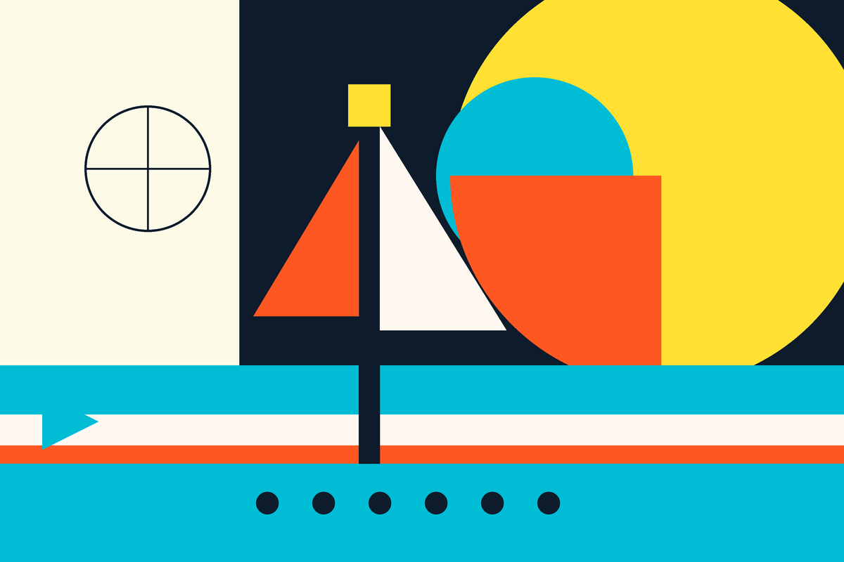 Swiss-style geometric illustration of a sailboat, sun and ocean bands