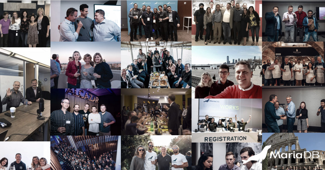A collage of MariaDB employees and community members at company events