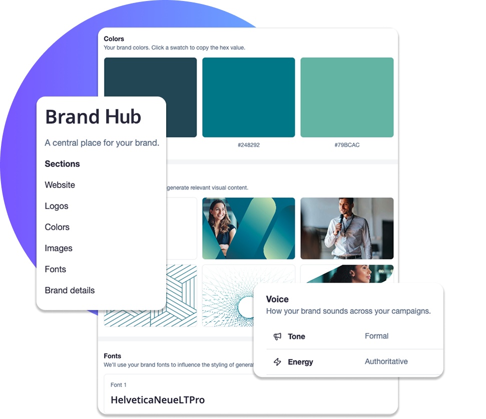 Campaign Monitor Brand Hub interface showing brand colors, fonts, images, and voice settings