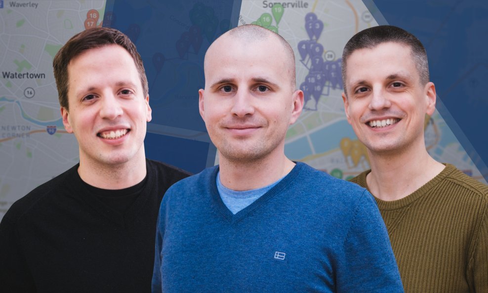 OptimoRoute co-founders Marin Šarić, Goran Kukolj and Frane Šarić, from left, in a press composite over a route map
