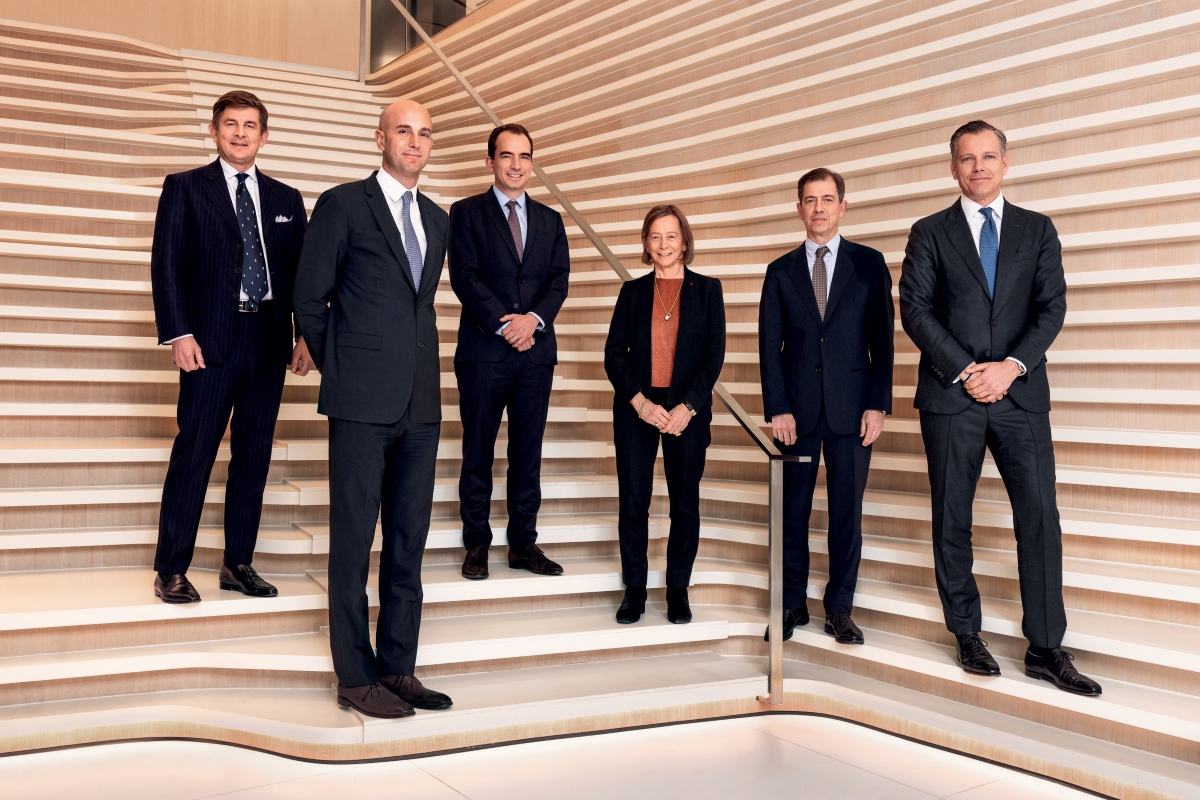 Ardian’s management team standing together on a staircase, with Mark Benedetti second from the left