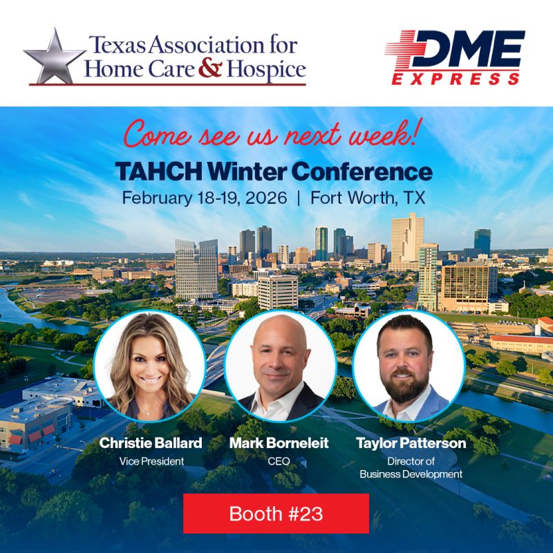 DME Express conference announcement featuring Mark Borneleit with Christie Ballard and Taylor Patterson at the 2026 TAHCH Winter Conference