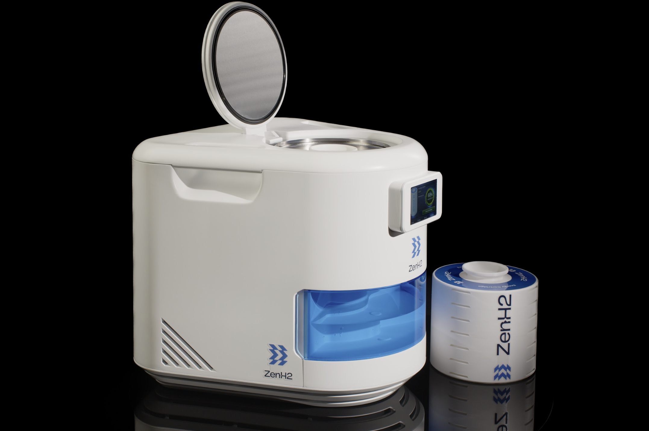 EFG promotional image of ZenH2 with the lid open and a separate cylindrical energy cartridge
