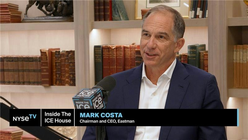 Mark Costa speaking into an Inside the ICE House microphone during his NYSE TV interview