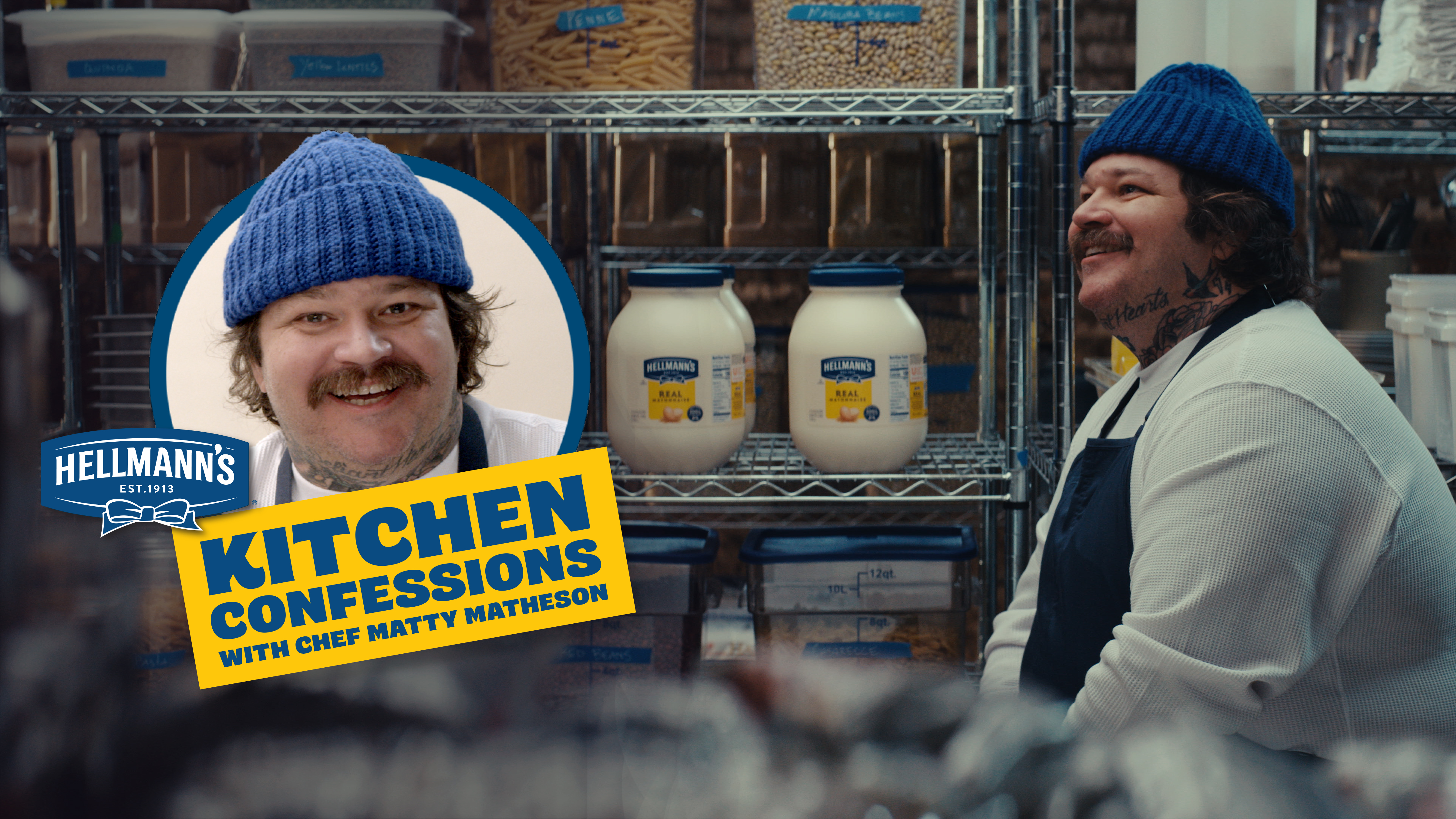 Kitchen Confessions campaign artwork showing chef Matty Matheson in a pantry with Hellmann’s mayonnaise