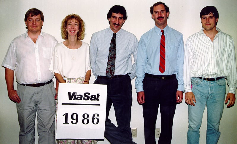 Viasat’s first company photograph, with Steve Hart, Val Agnew, Mark Dankberg, Mark Miller and Richard Blount