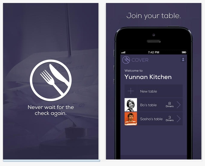 Historical Cover app screens showing its fork-and-knife symbol and a list of restaurant tables