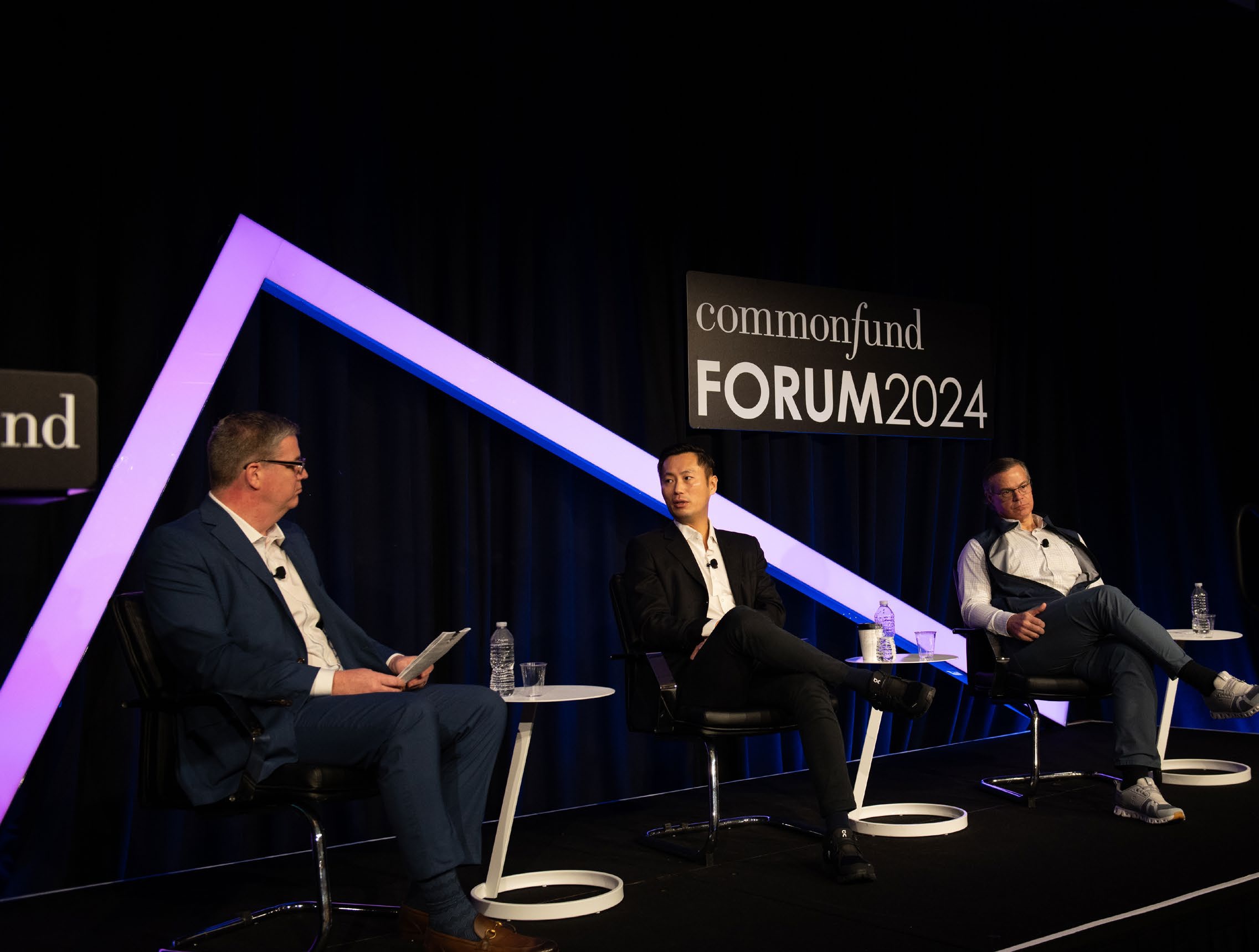Mark Hoeing at left moderating a panel with In Seon Hwang and Fred Sturgis at Commonfund Forum 2024