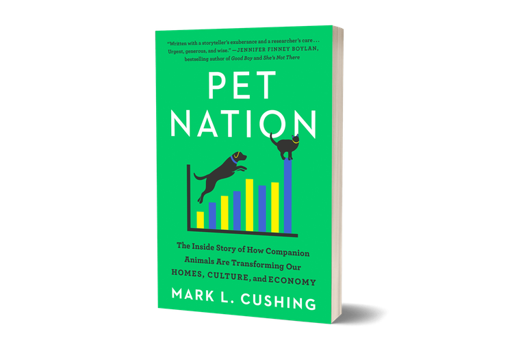The green cover of Mark L. Cushing's Pet Nation, showing a dog and cat on a stylized bar chart